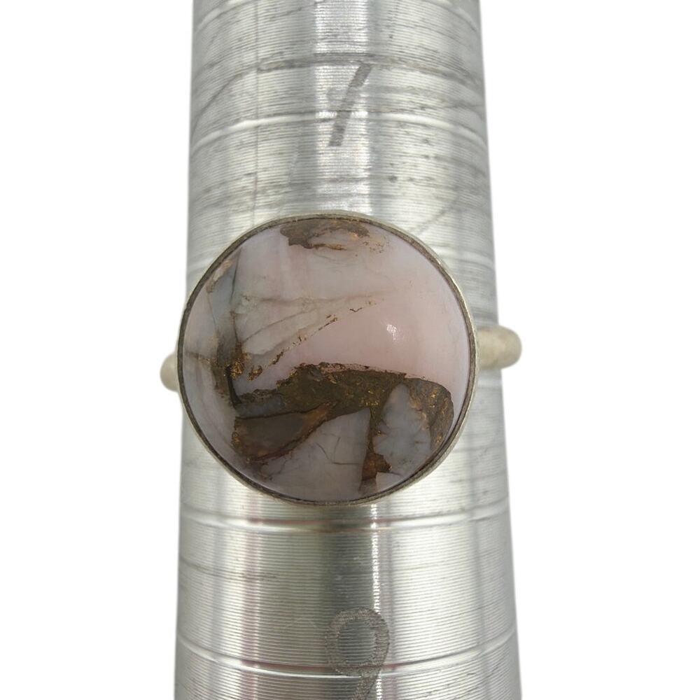 Peruvian Pink Opal and Bronze Turquoise 925 Sterling Silver Ring Size 8